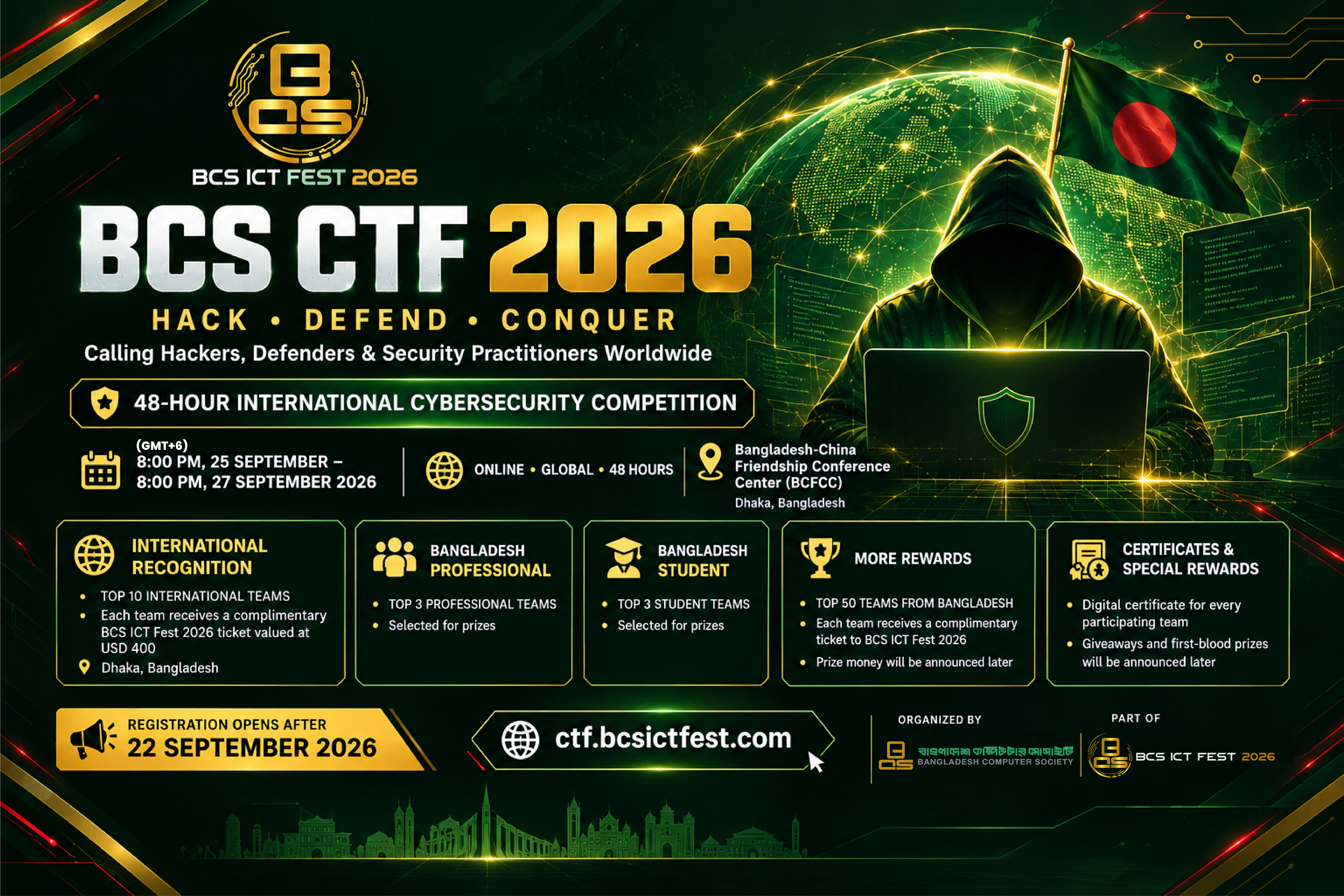 BCS CTF 2026 — Hack · Defend · Conquer. 48-hour international cybersecurity competition, 25–27 September 2026.
